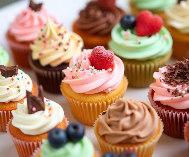 Primo piano di cupcake assortiti con diverse creme.