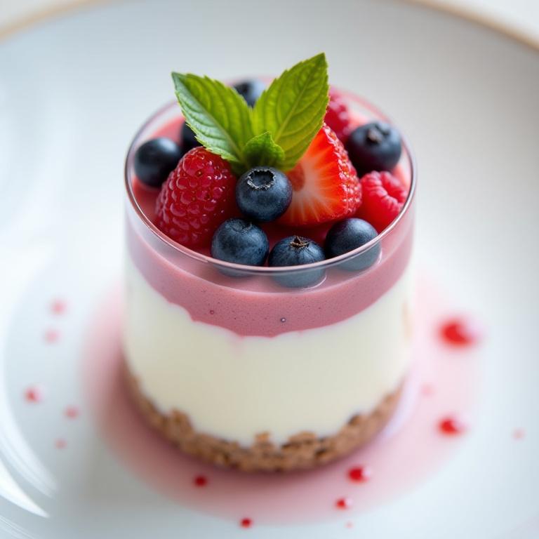 Monoporzione moderna con mousse e frutti di bosco.