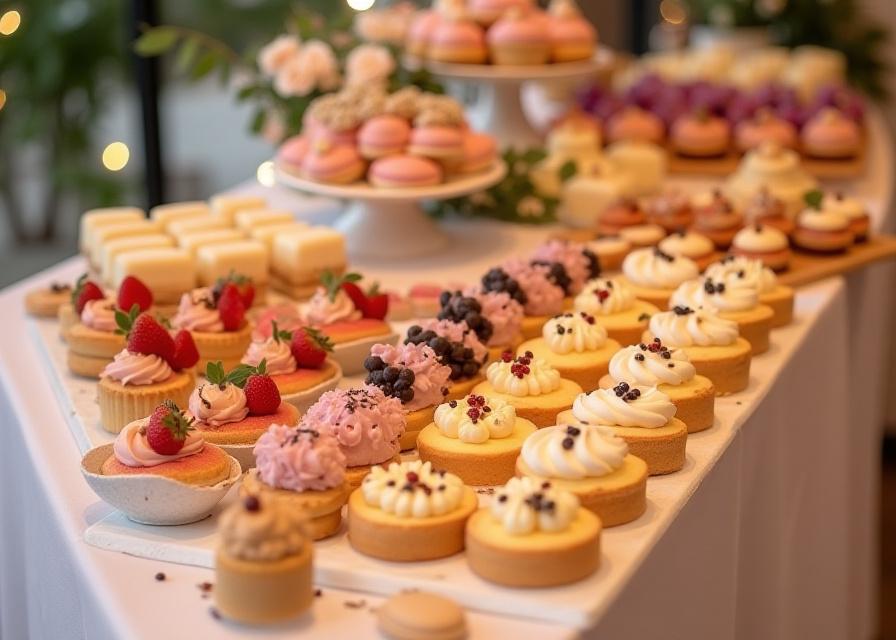 Allestimento di un tavolo di dolci elegante per un ricevimento.