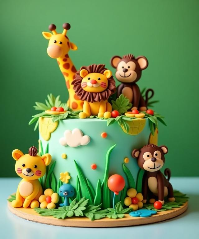 Torta di compleanno a tema giungla per un bambino.