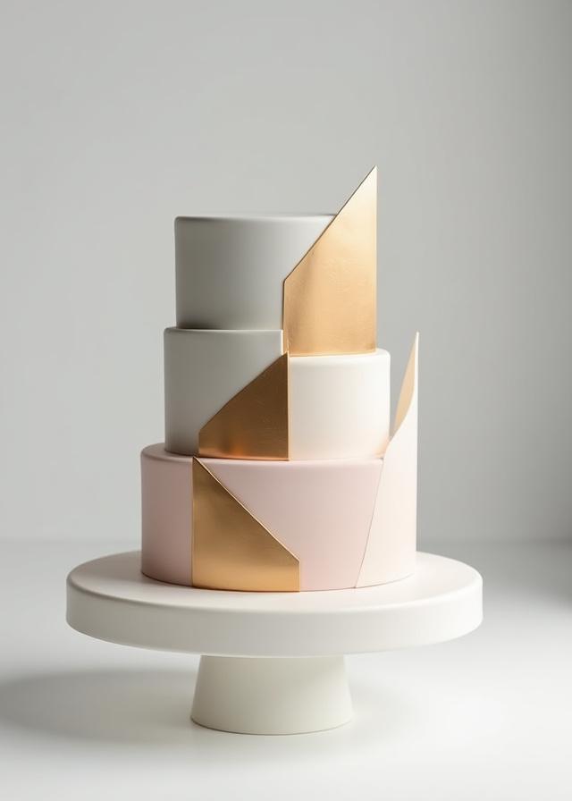 Torta dal design moderno con forme geometriche e finiture dorate.