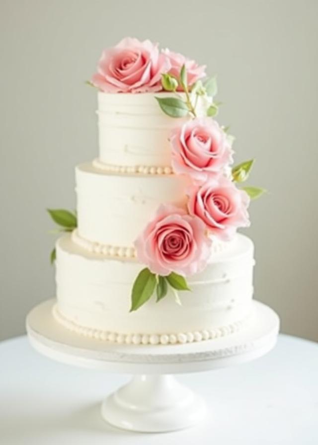 Torta nuziale bianca con cascata di rose rosa.