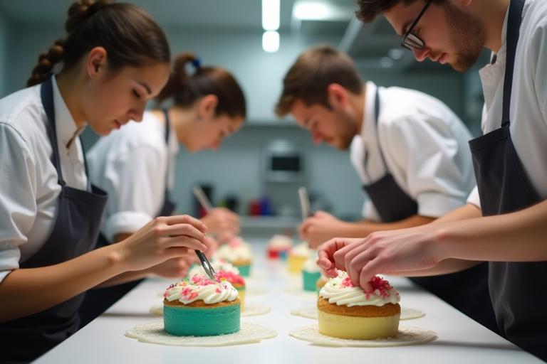 Studenti che decorano torte durante un corso di Neva Tortes.